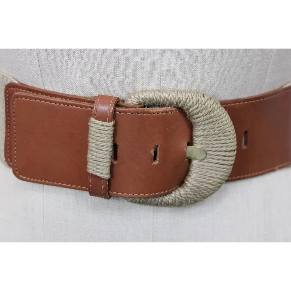 Vintage 90s First Issue USA Wide Stretch Belt Size M Brown Raffia Buckle Boho